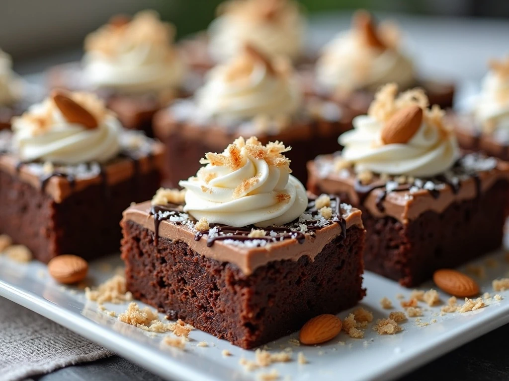 Chocolate coconut almond poke cake squares on a serving platter