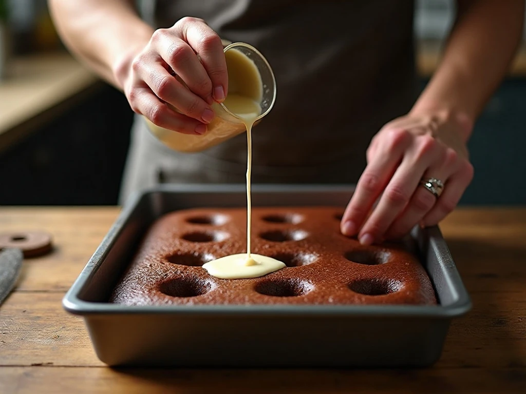 Sweetened condensed milk soaking into holes in chocolate poke cake