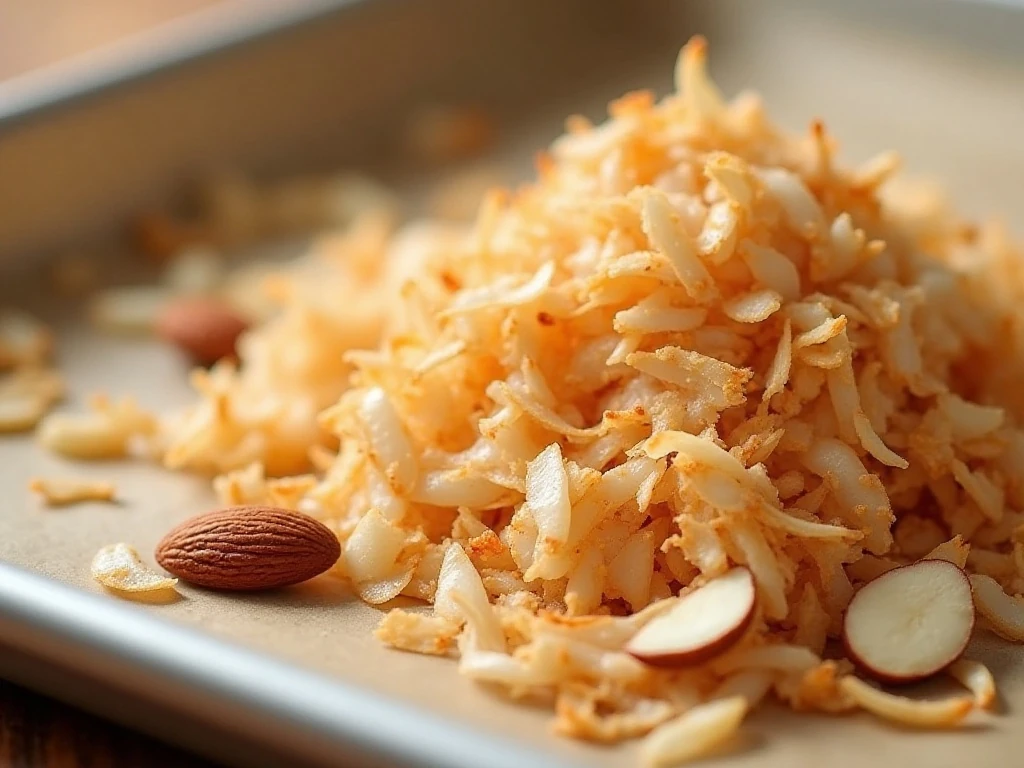 Toasted coconut and almonds for poke cake topping