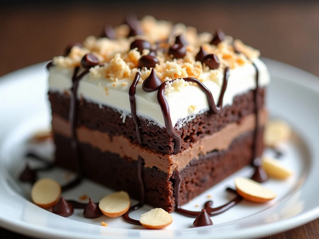 Close-up serving of chocolate coconut almond poke cake
