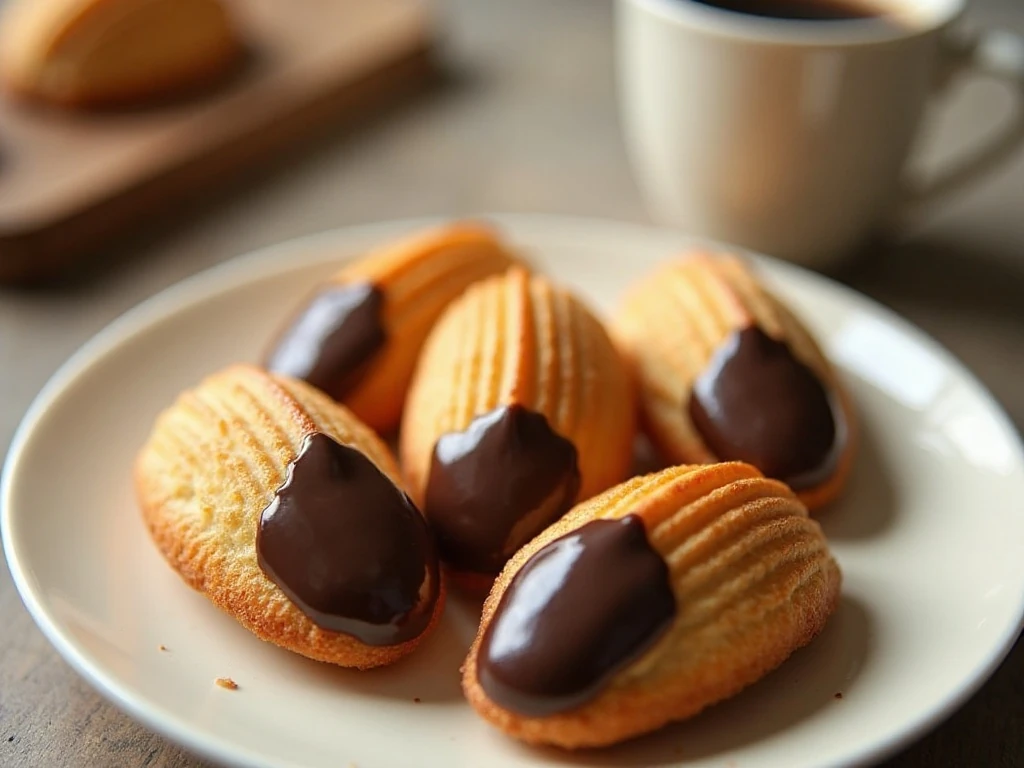 Chocolate covered madeleines arranged on a serving plate