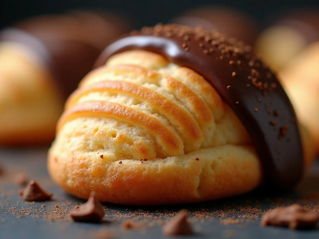 Close-up of the hump and shell pattern on a chocolate madeleine