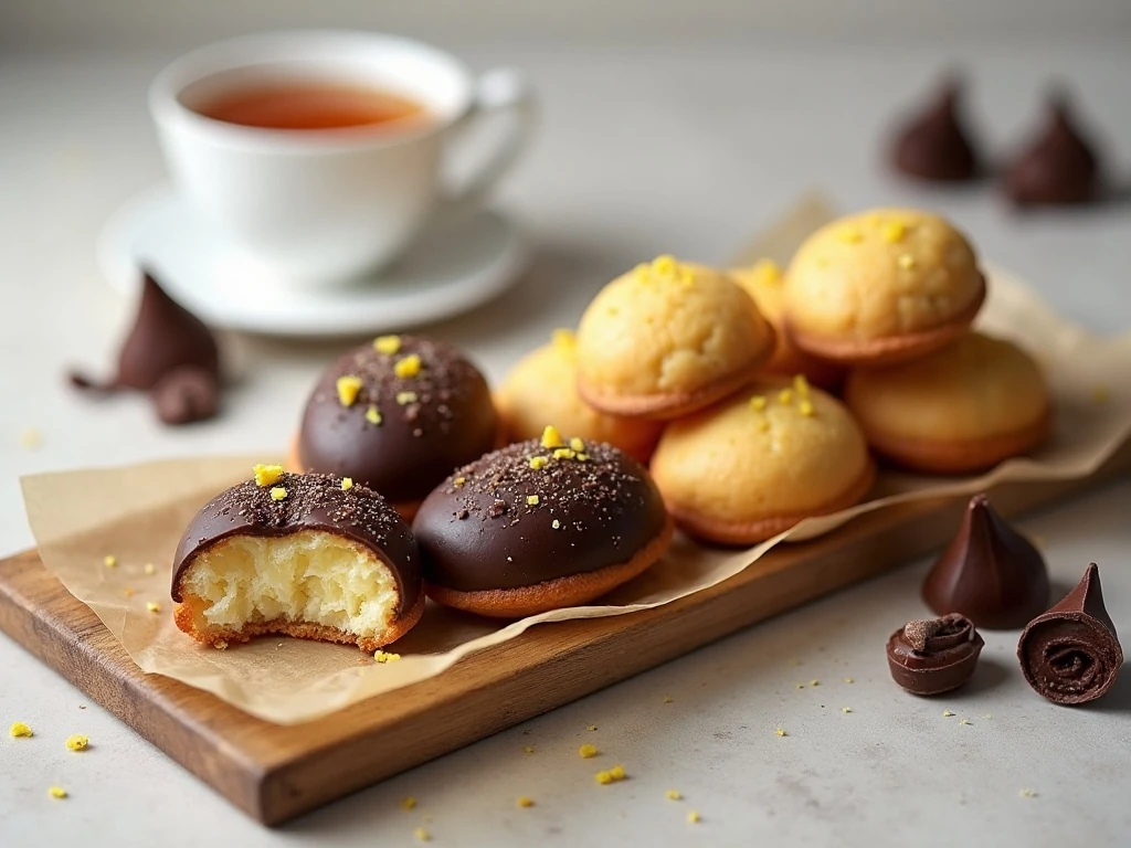 Chocolate dipped and plain madeleines served with tea