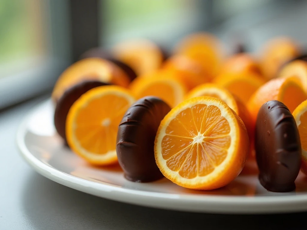 Chocolate-covered orange segments arranged on a serving plate