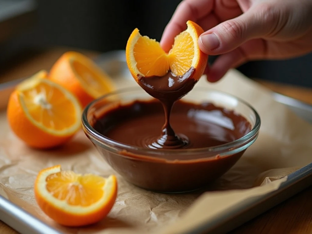 Dipping orange segments into melted chocolate