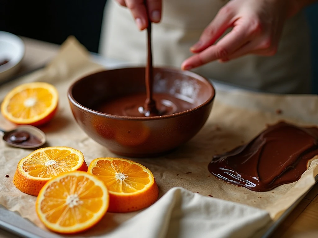 Dry orange segments and glossy melted chocolate ready for dipping