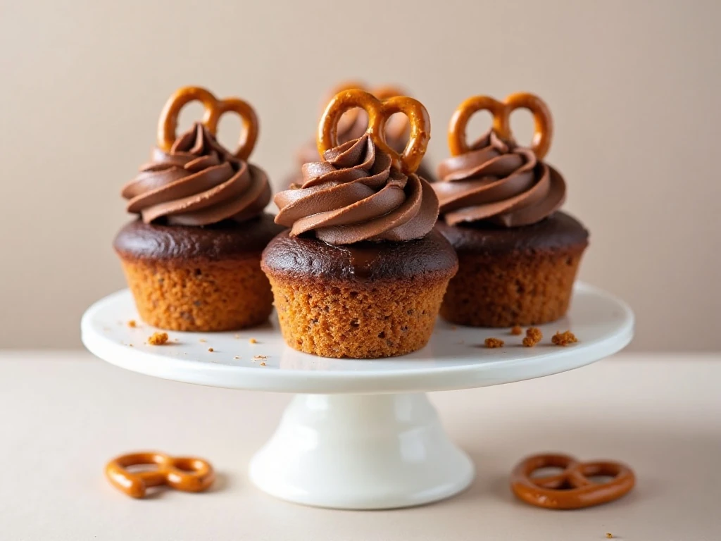 Chocolate-covered pretzel cupcakes with chocolate frosting and salty pretzel toppings