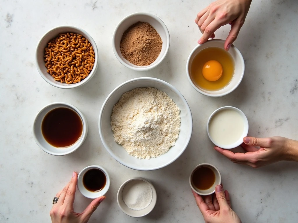 Ingredients for chocolate-covered pretzel cupcakes arranged for baking