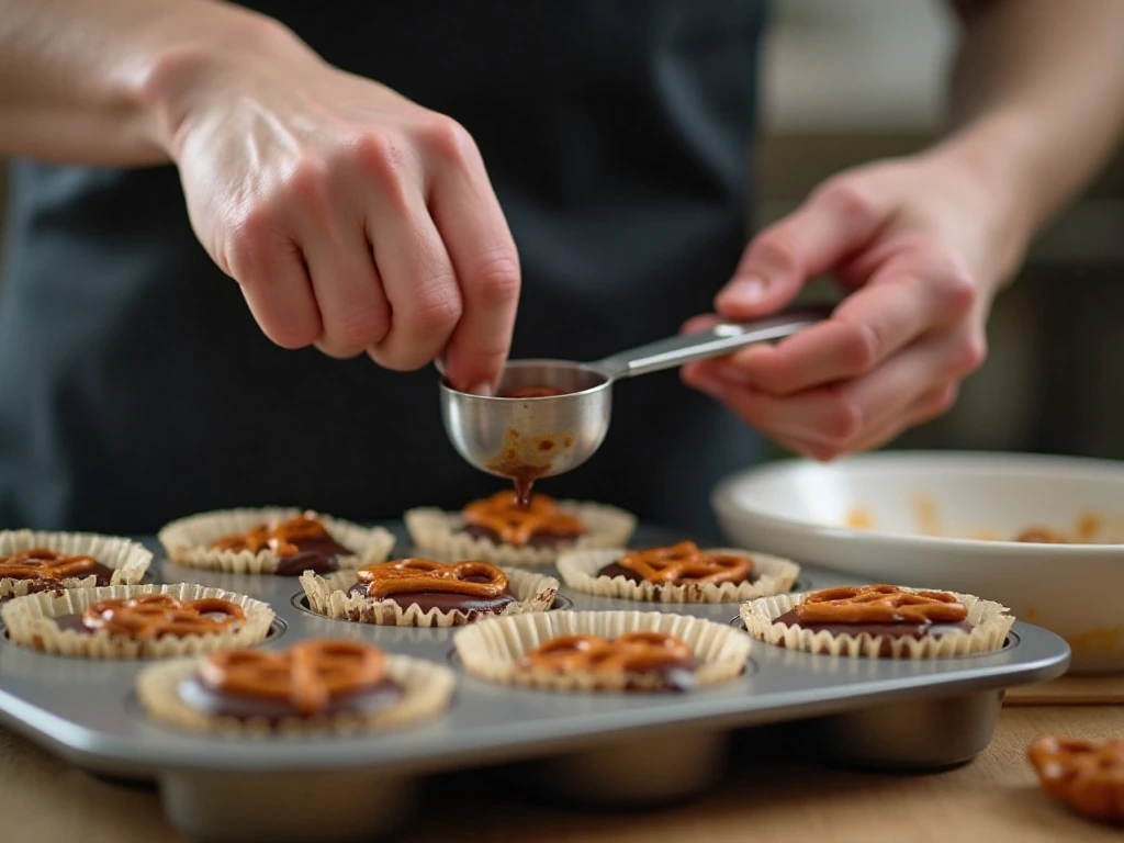Preparing pretzel crust and chocolate cupcake batter in a muffin pan