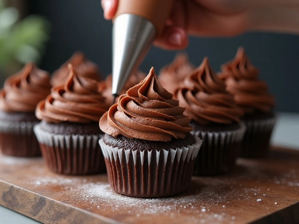 Fluffy chocolate buttercream piped onto cooled cupcakes