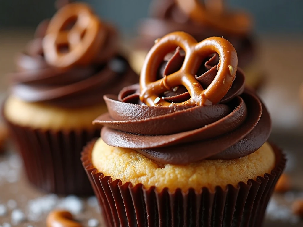 Chocolate-dipped pretzel garnish on a chocolate buttercream cupcake