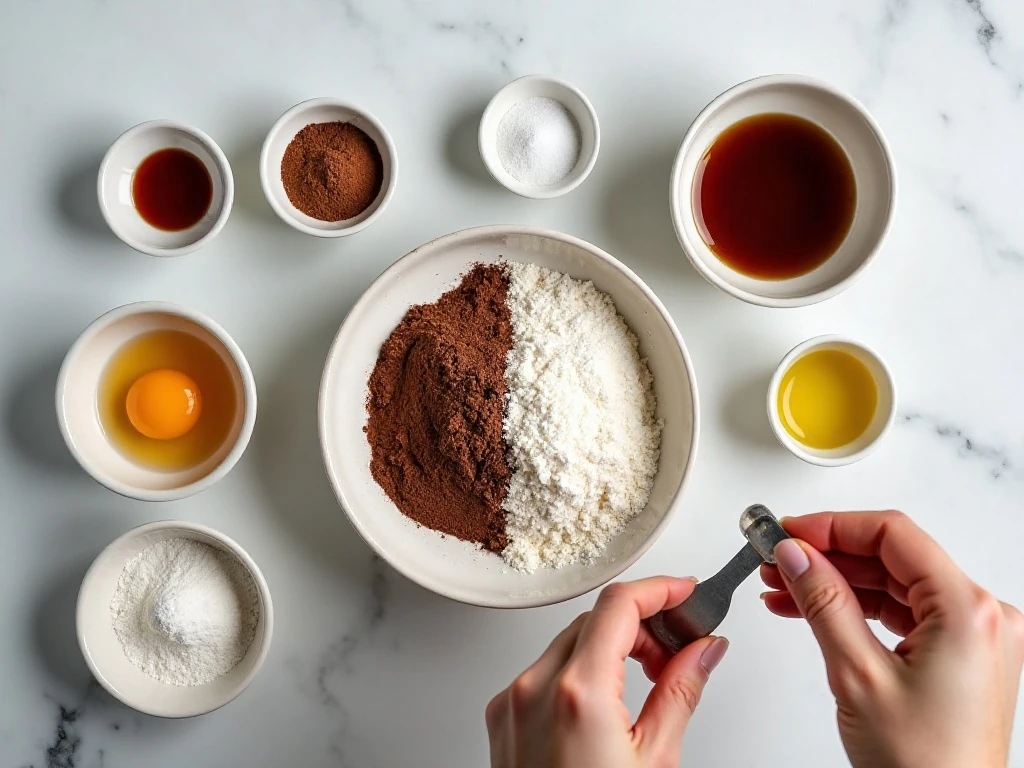 Measured ingredients for easy fudgy chocolate crinkle cookies