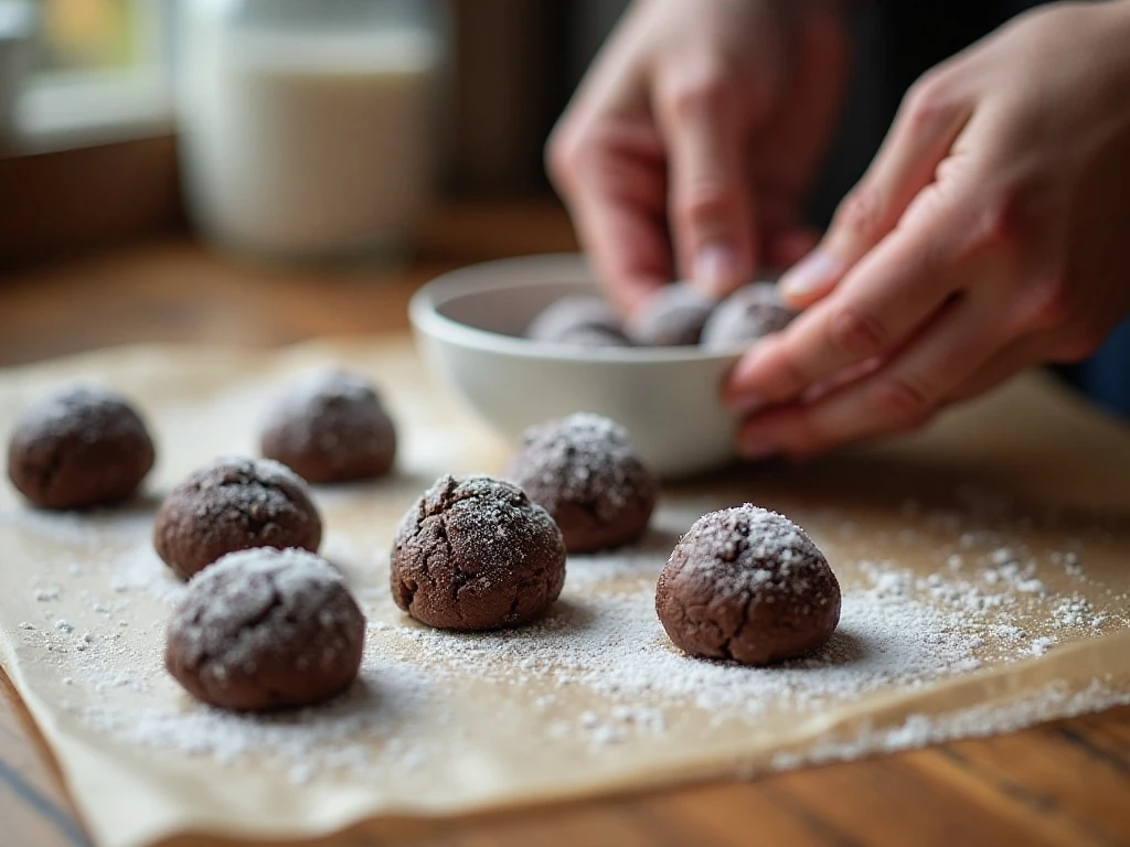 Rolling chilled chocolate cookie dough in powdered sugar
