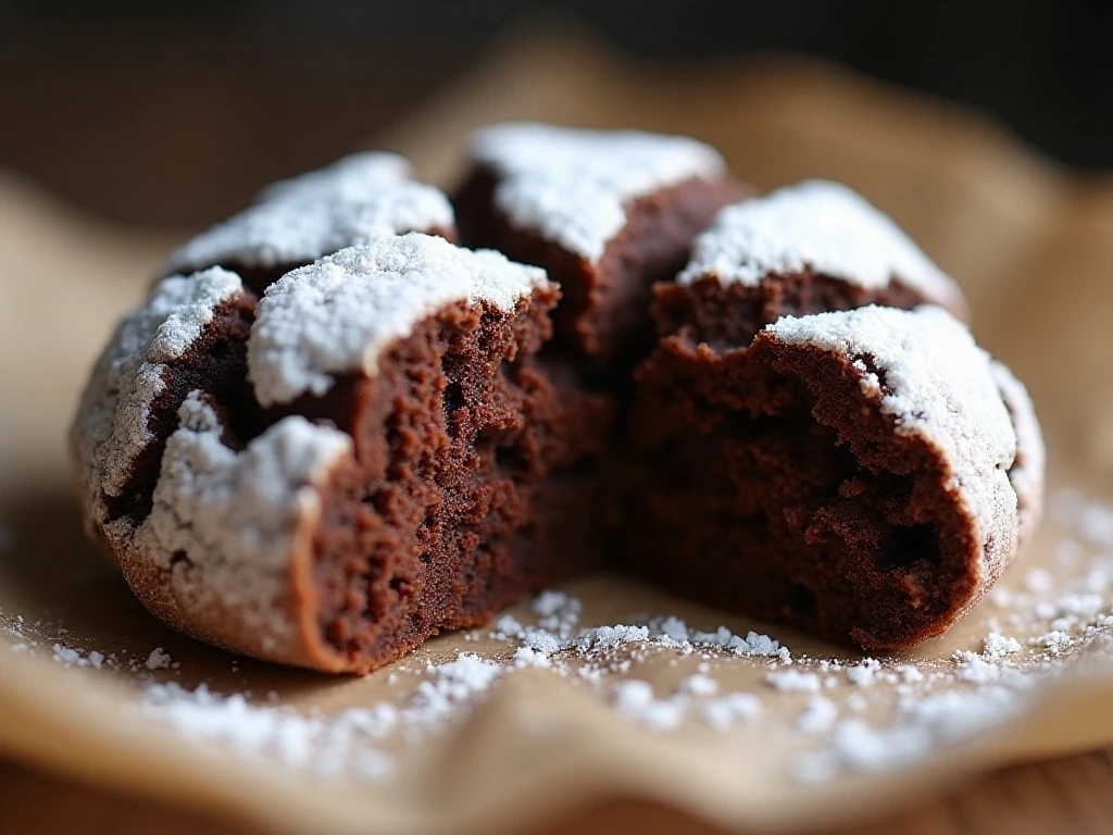 Fudgy center and snowy coating of a chocolate crinkle cookie
