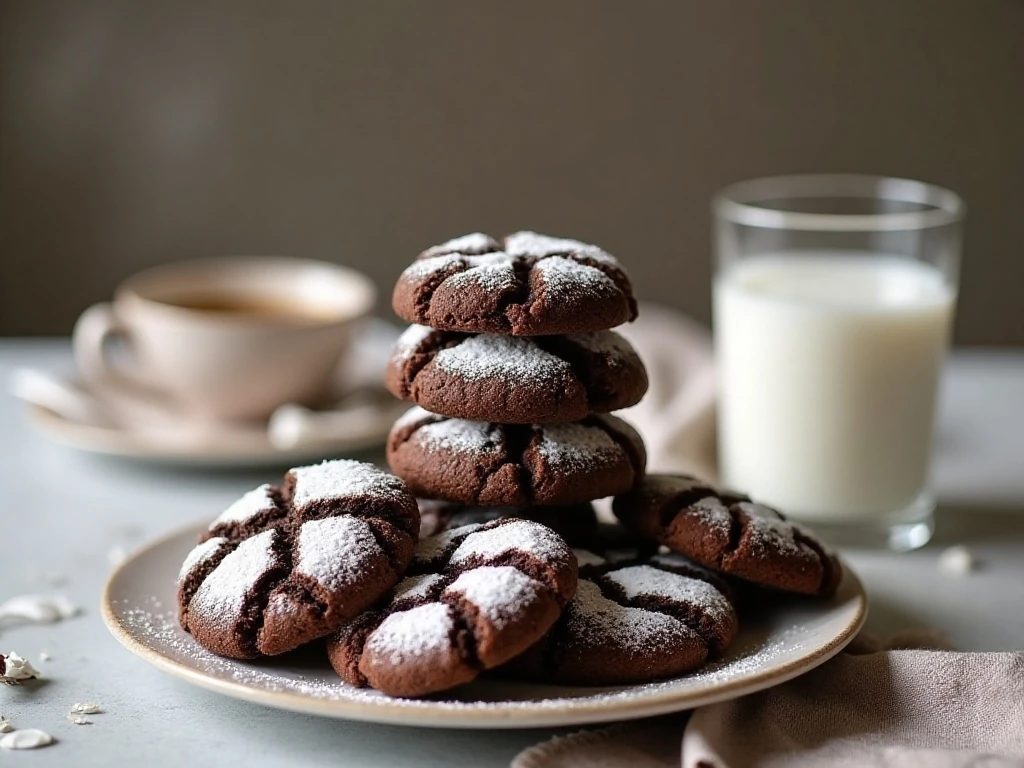 Chocolate crinkle cookies served with milk and coffee