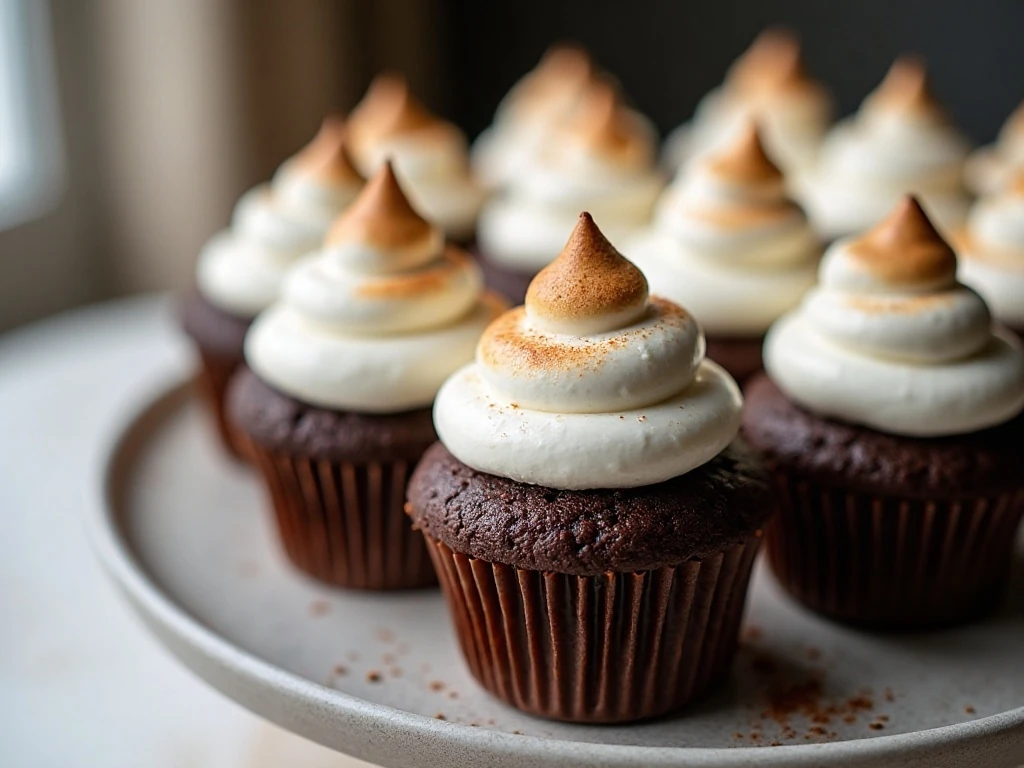 Chocolate cupcakes with fluffy marshmallow frosting arranged on a cake stand