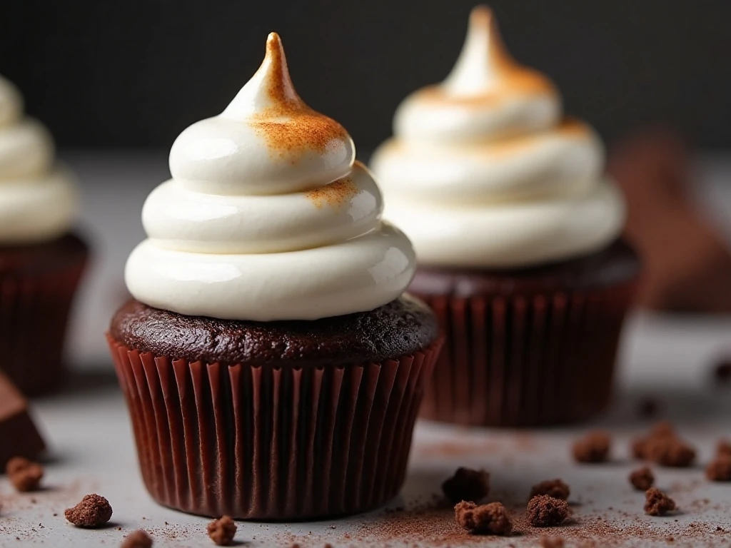 Glossy toasted marshmallow frosting peak on a chocolate cupcake