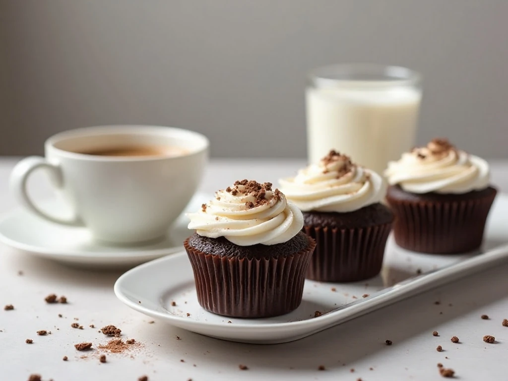 Chocolate marshmallow cupcakes served with coffee and milk