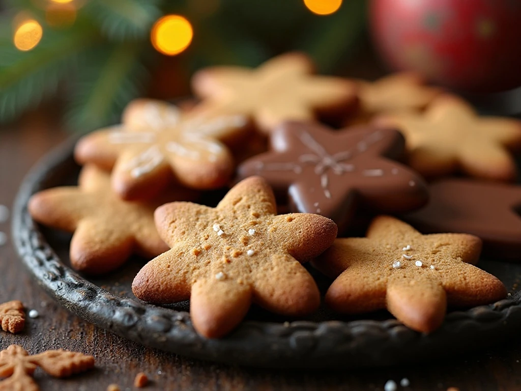 Chocolate dipped gingerbread cookies arranged on a festive serving platter