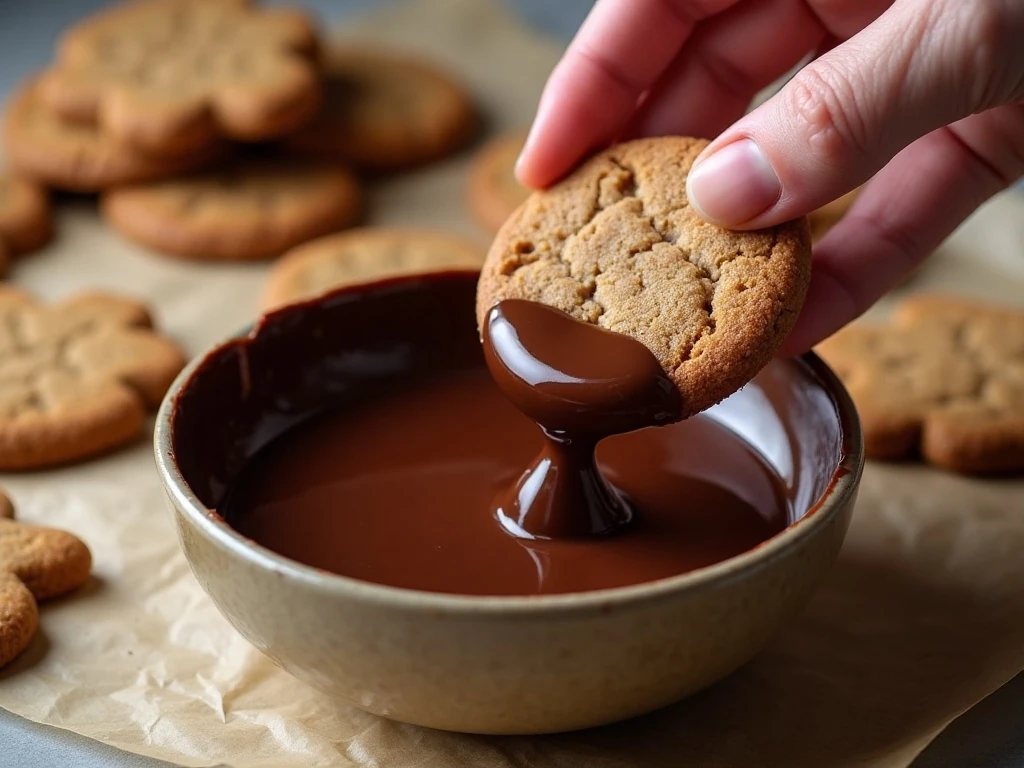 Dipping gingerbread cookies in melted chocolate