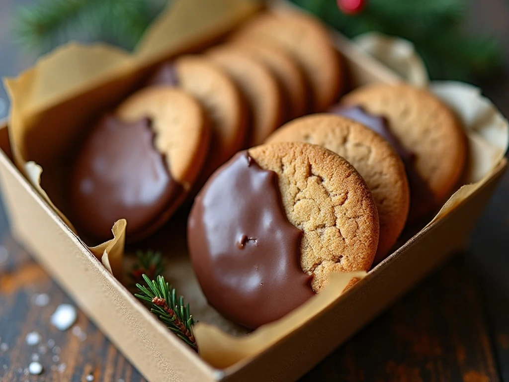 Chocolate dipped gingerbread cookies packed for gifting