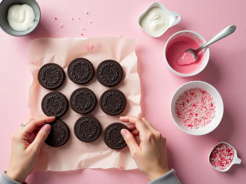 Ingredients for chocolate-dipped Valentine’s Day Oreos