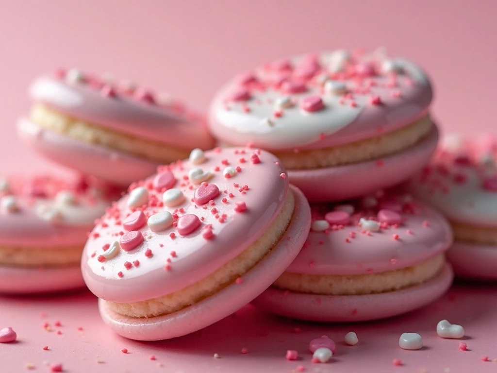 Close-up of Valentine’s sprinkles and drizzle on dipped OREO cookies