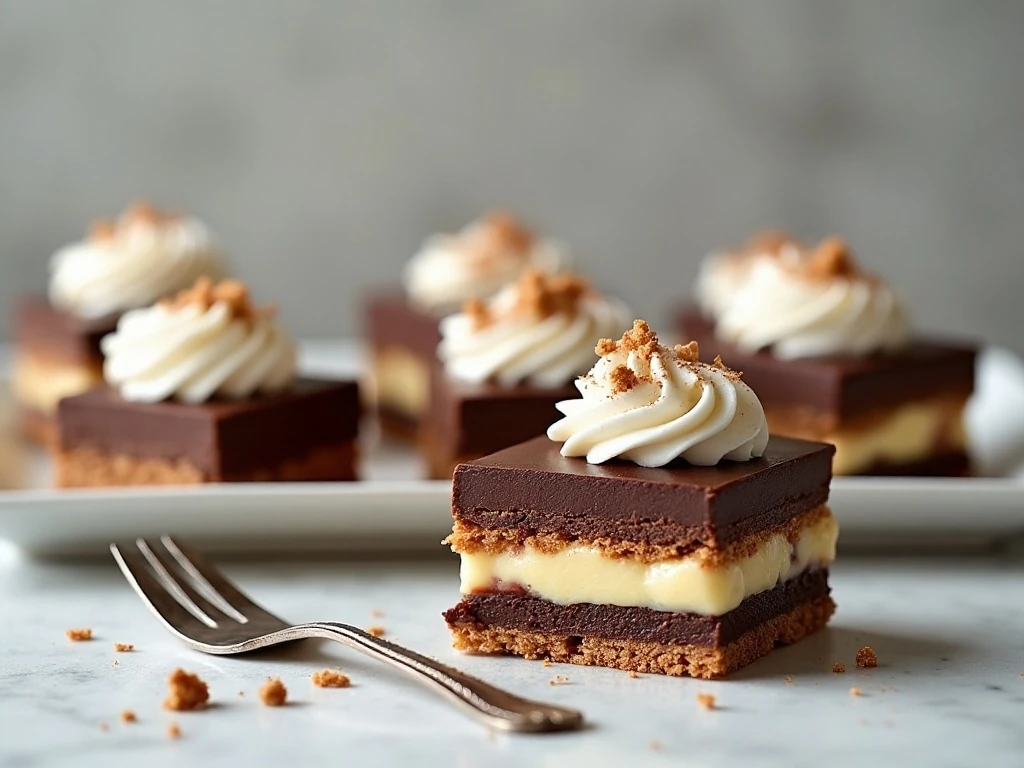 Chocolate-filled real cream squares arranged on a serving platter