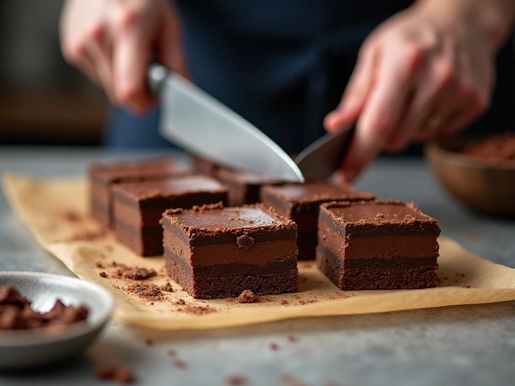 Cutting chilled chocolate cream squares into clean portions