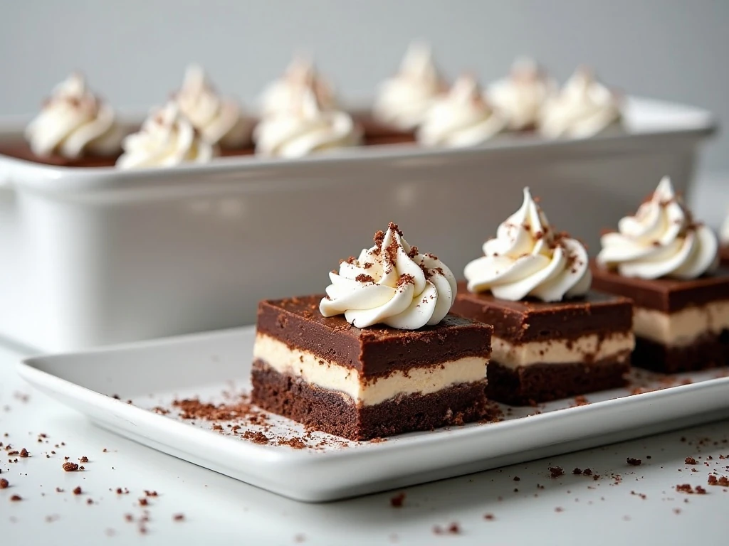 Chilled chocolate cream squares ready for serving