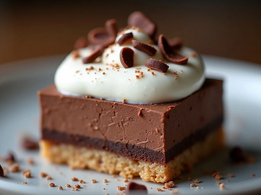 Close-up of whipped cream and chocolate shavings on a chocolate dessert square