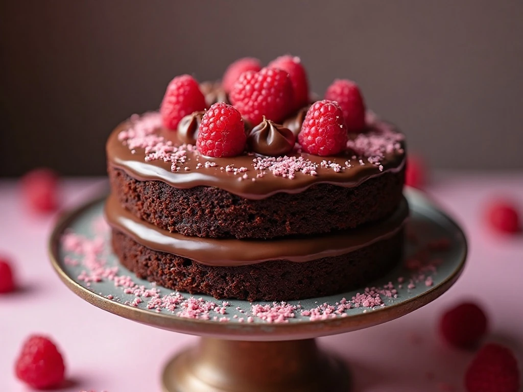 Two-layer chocolate ganache Valentine cake decorated with raspberries and chocolate curls