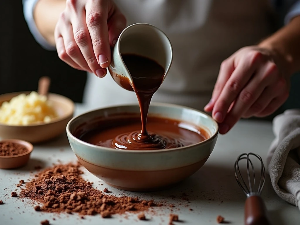 Making smooth chocolate ganache with hot cream and chopped chocolate