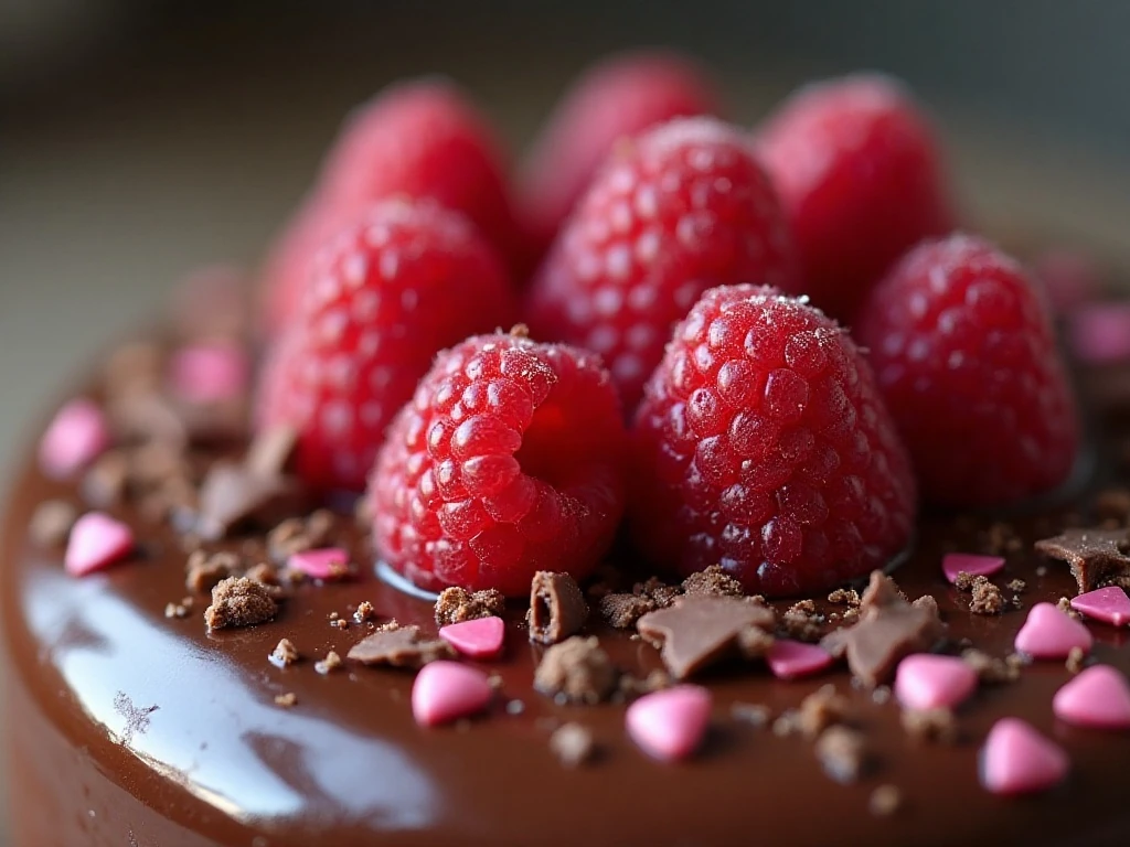 Valentine chocolate cake garnish with raspberries, curls, sprinkles, and chocolate hearts