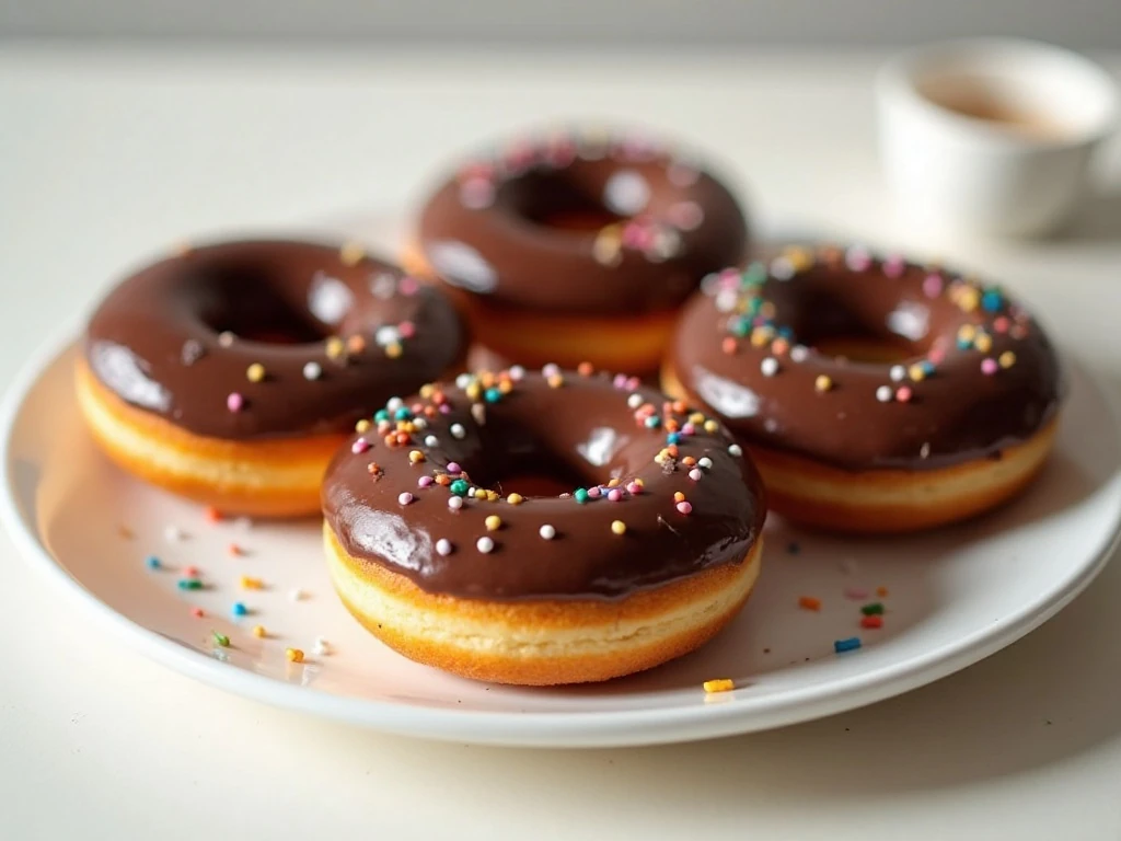 Stack of chocolate-glazed baked donuts ready to serve