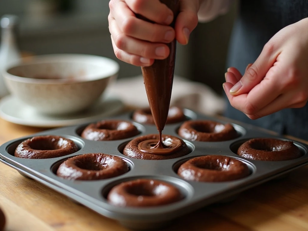 Piping chocolate donut batter into a donut pan