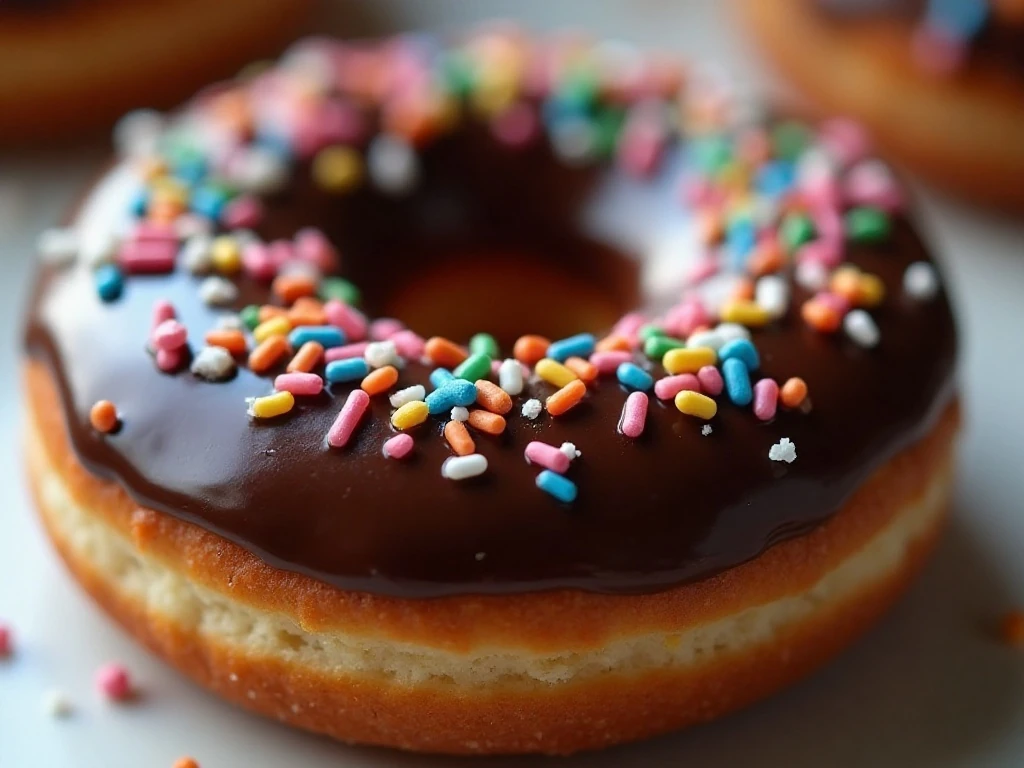 Close-up of glossy chocolate glaze and toppings on a baked donut