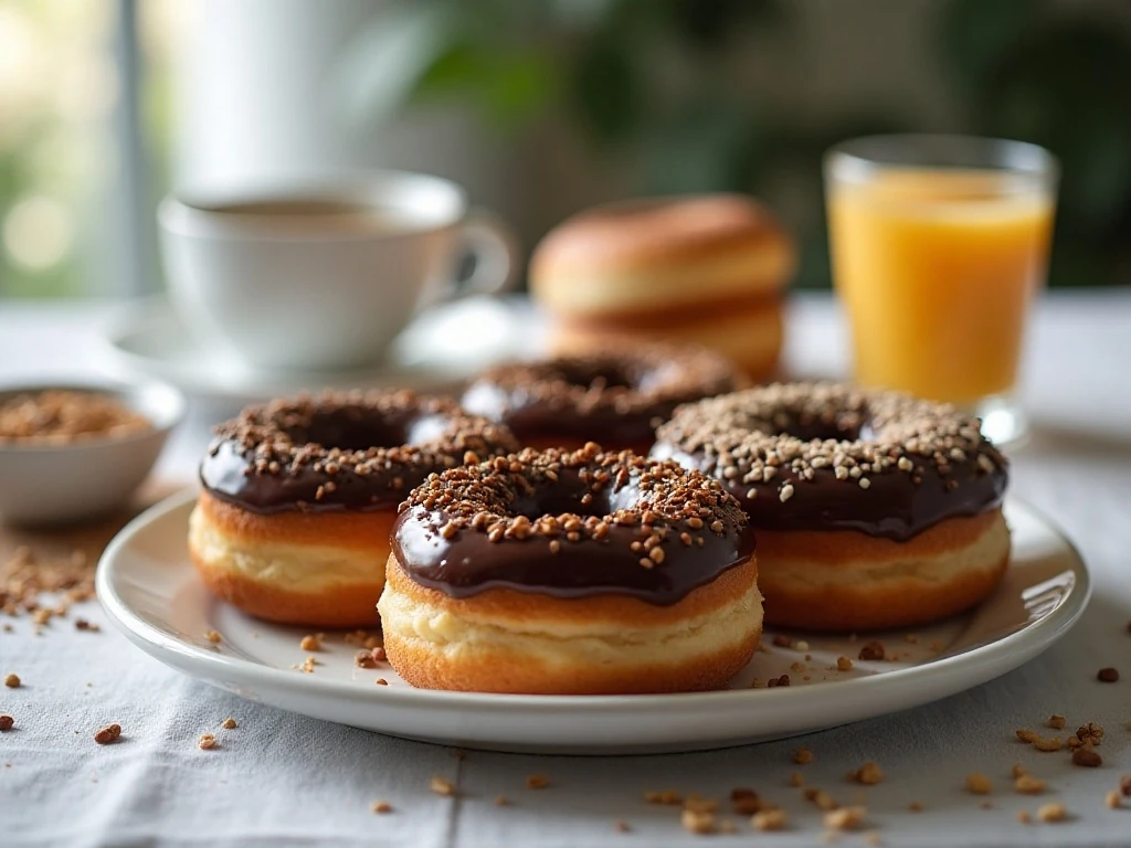 Chocolate baked donuts served for breakfast or brunch