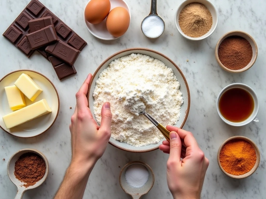 Ingredients for easy chocolate glitter cookies arranged for baking