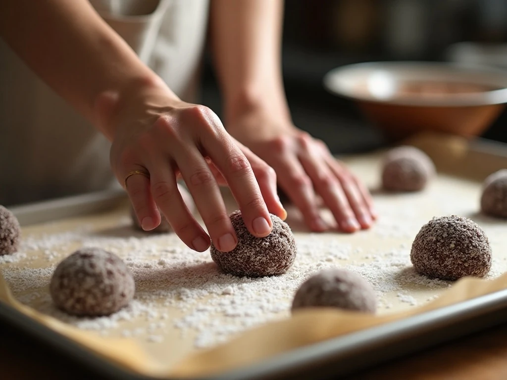 Chocolate cookie dough balls being coated in edible sparkling sugar