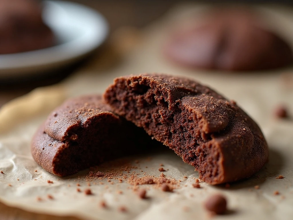 Close-up of the fudgy center and sparkling sugar coating on a chocolate cookie