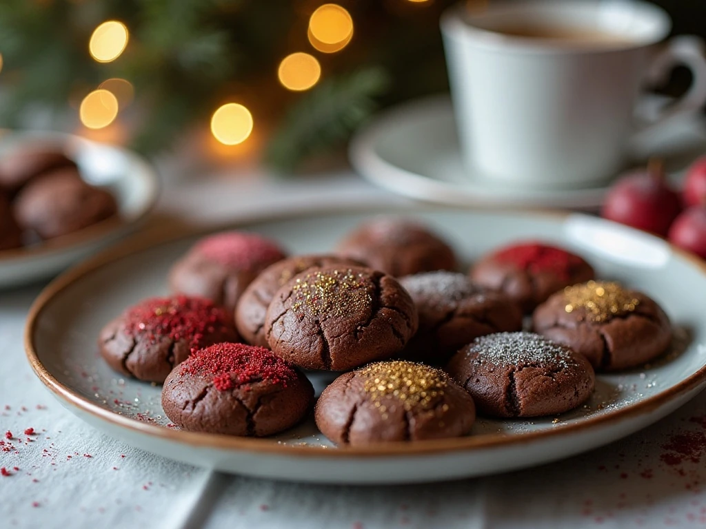 Festive platter of chocolate glitter cookies in assorted sugar colors
