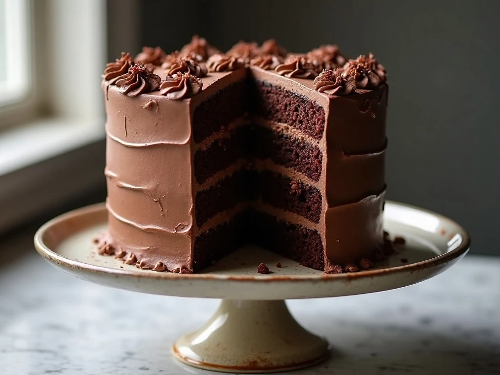 Three-layer chocolate cake with chocolate buttercream and a visible moist crumb