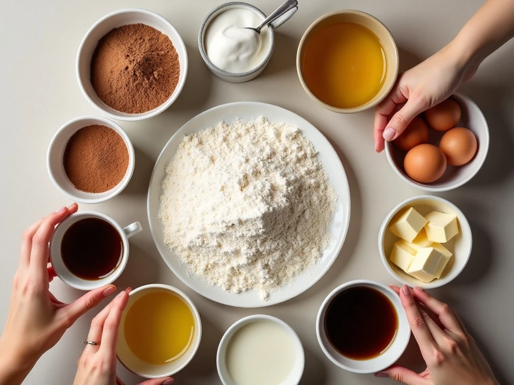 Ingredients for homemade chocolate layer cake and buttercream