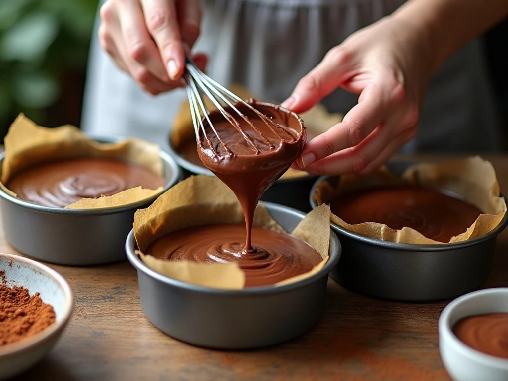 Thin chocolate cake batter divided among round cake pans