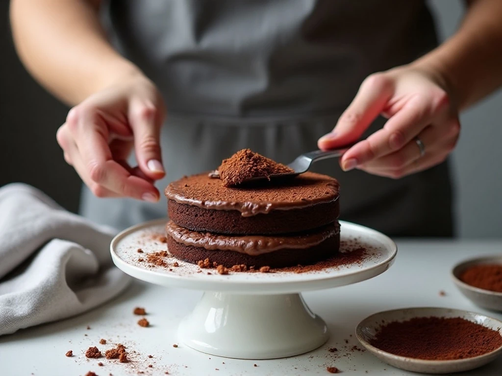 Chilled chocolate cake layers prepared for buttercream assembly