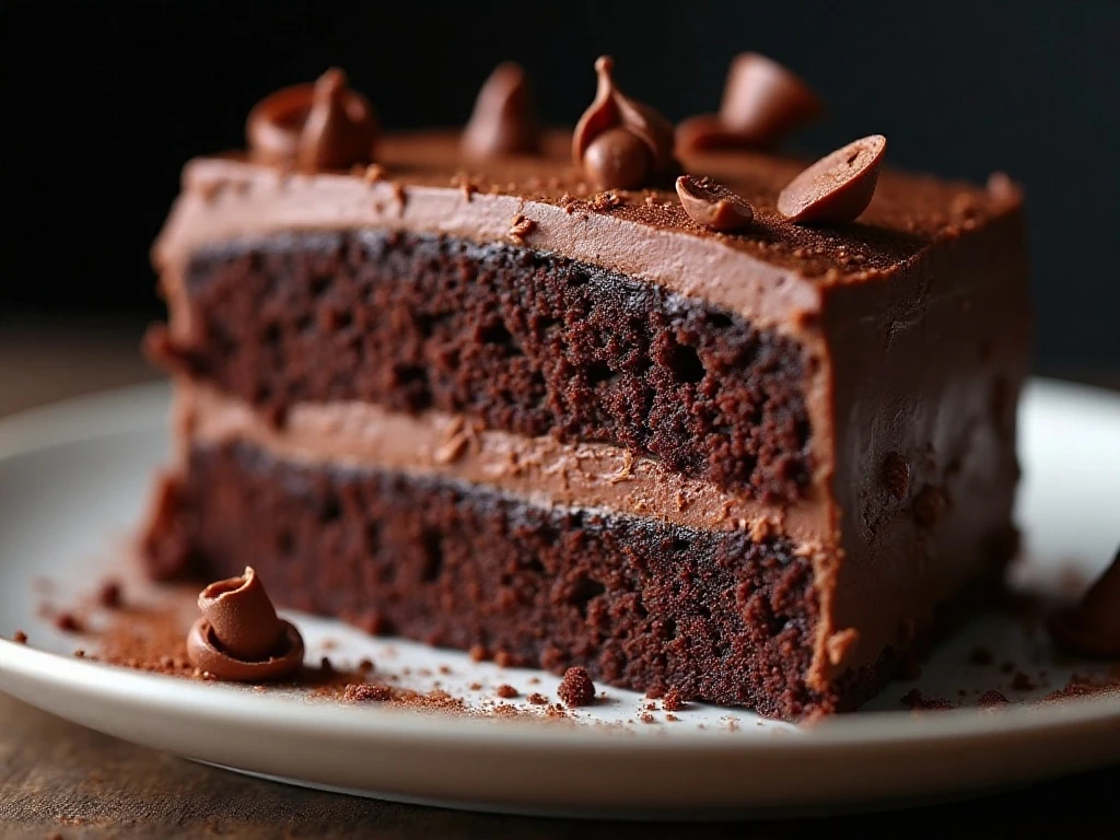 Close-up slice of chocolate layer cake with creamy buttercream