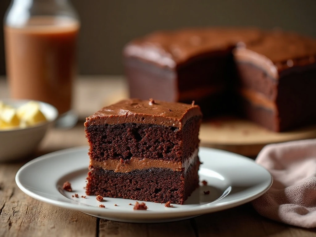 Moist old-fashioned chocolate mayonnaise cake served in a neat square