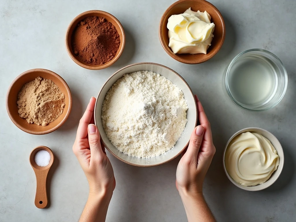 Ingredients for old-fashioned chocolate mayonnaise cake arranged on a counter