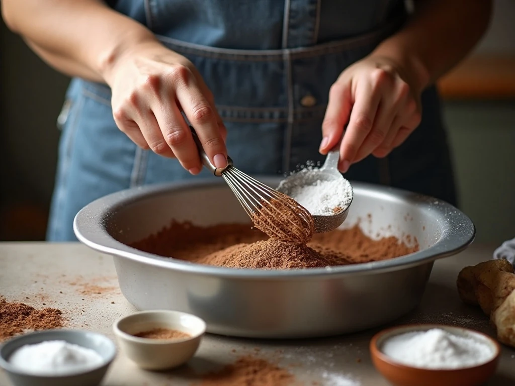 Dry ingredients being whisked for chocolate mayonnaise cake batter